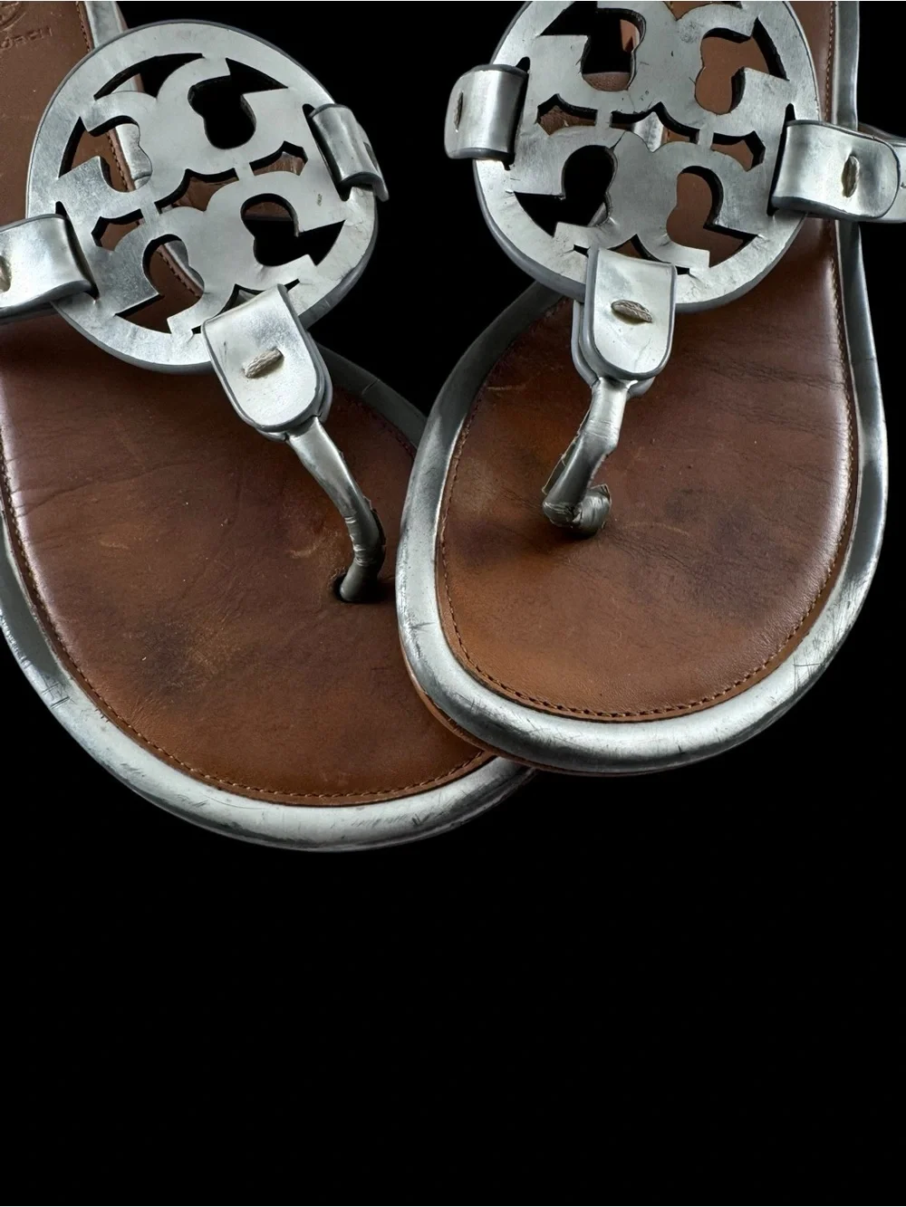 Tory Burch Brown Leather Sandals with Silver Logo Medallions